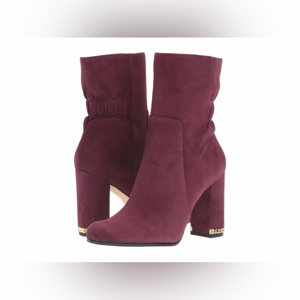 Michael Kors Dolores Suede Block Heel Booties Plum Burgundy 7